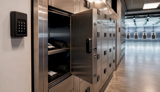 Indoor shooting range firearm storage lockers