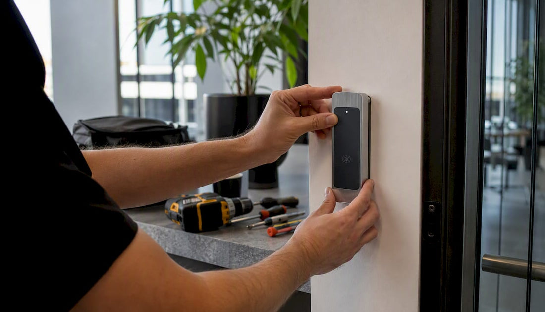 Technician installing card reader at office entrance