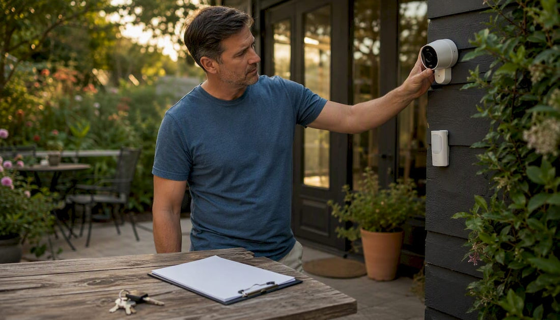 Homeowner checking home security devices before trip