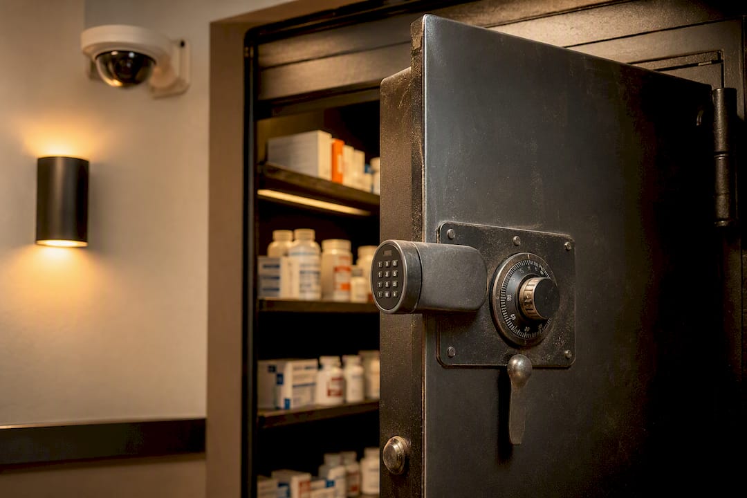 Safe lock and security camera detail in pharmacy