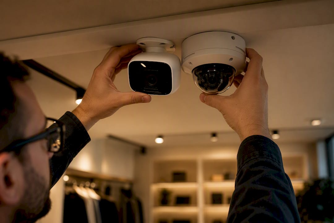 Technician mounting security cameras indoors
