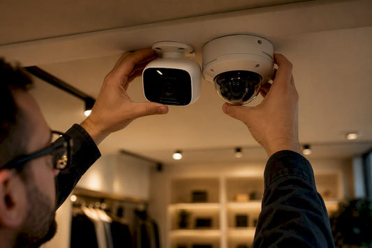 Technician mounting security cameras indoors