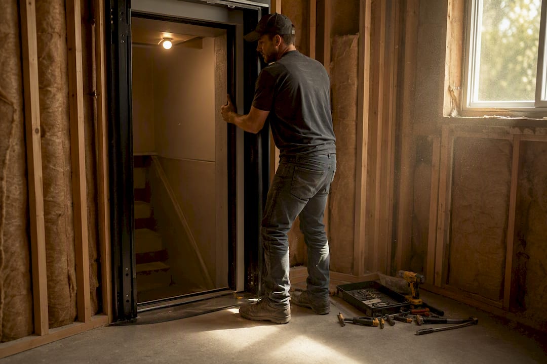 Hands installing vault door frame in home closet