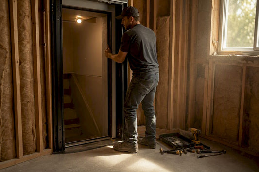 Hands installing vault door frame in home closet