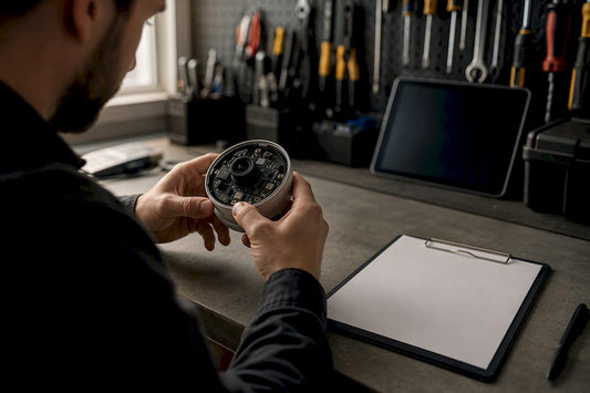 Technician inspecting security camera component