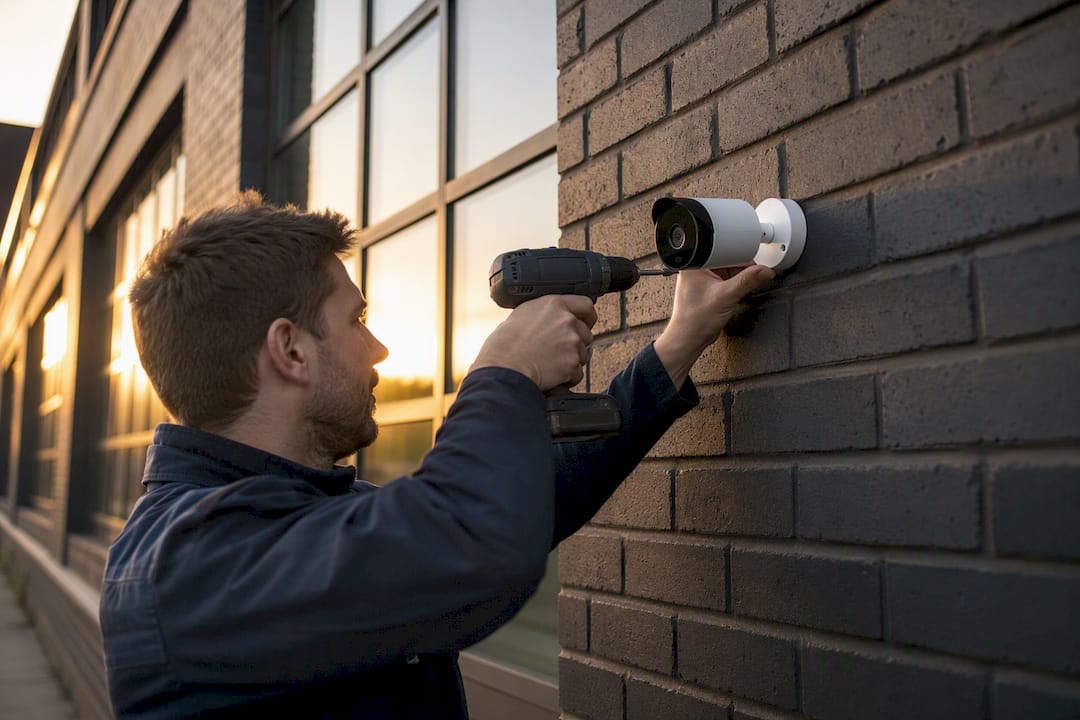 Technician installing outdoor security camera on commercial building