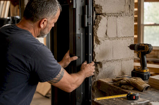 Hands installing residential vault door frame