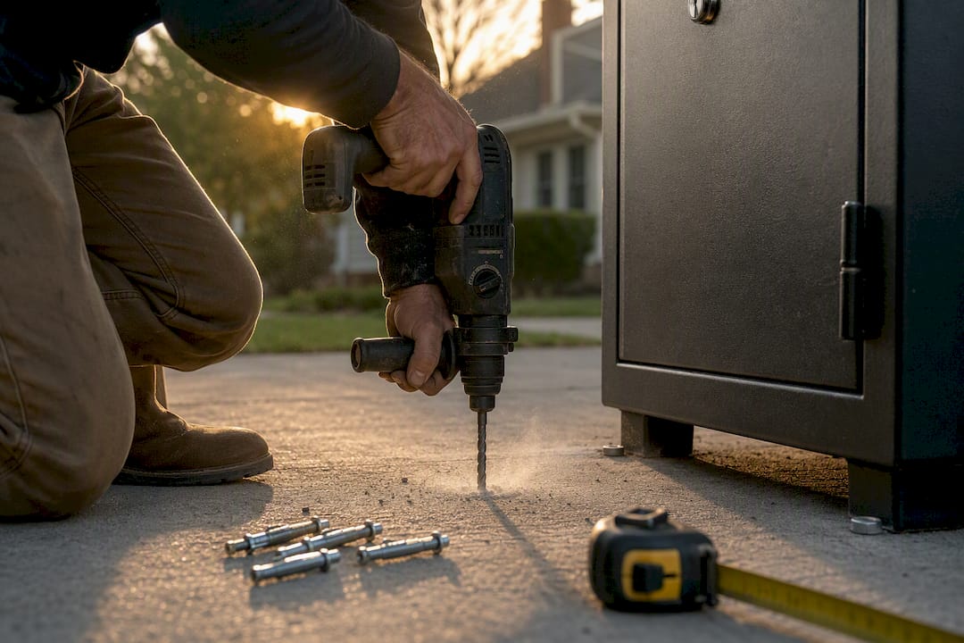 Hands using hammer drill near safe edge on concrete floor
