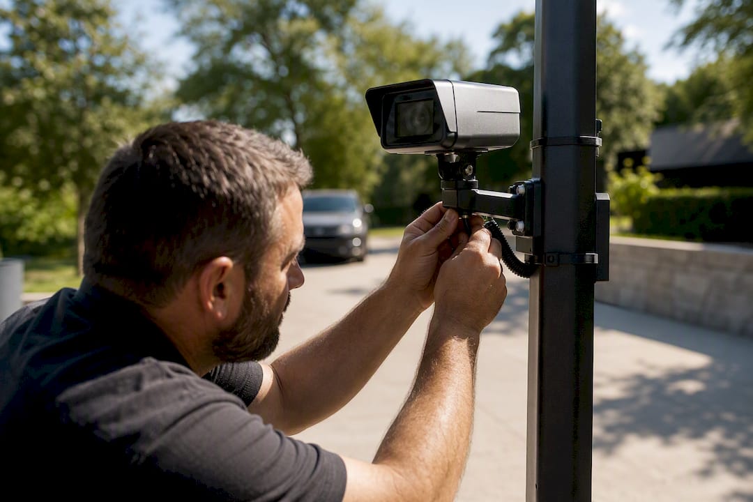 Installer adjusting LPR camera mount outdoors