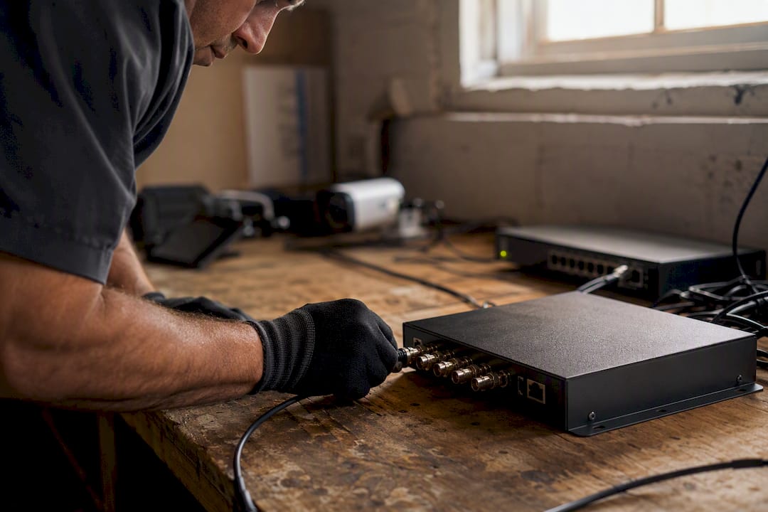 Installer connecting coax cable to IP encoder