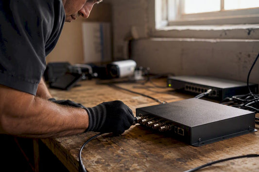 Installer connecting coax cable to IP encoder