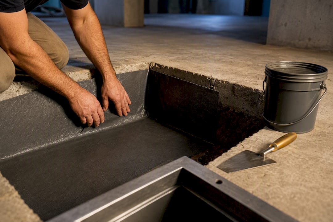 Waterproof membrane lining an in-floor safe cavity
