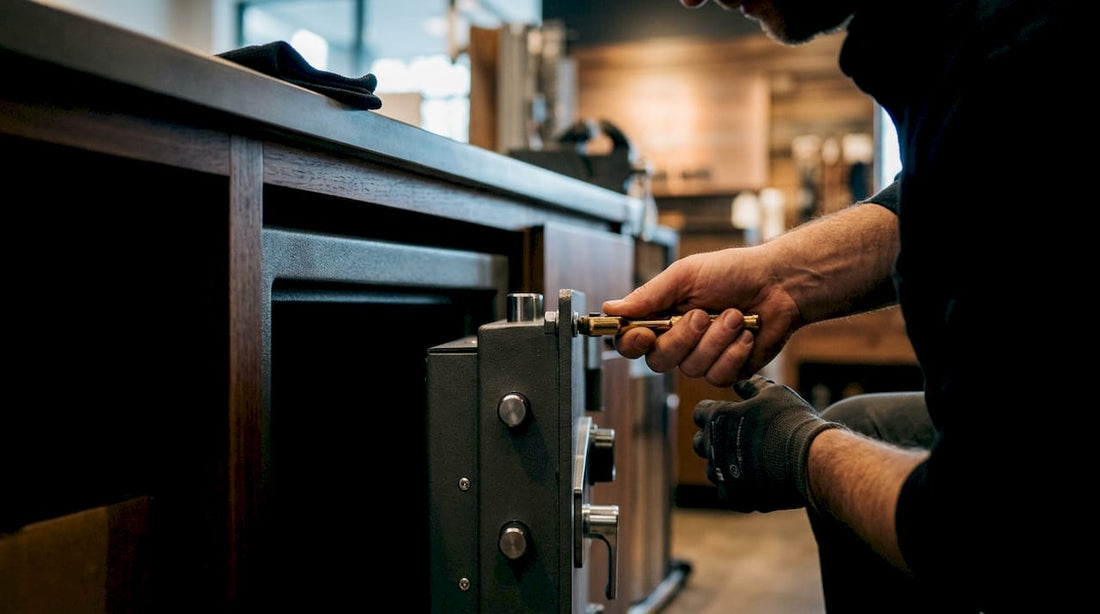 Installer securing an undercounter safe
