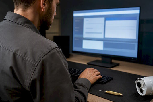 Technician verifying camera compatibility registry