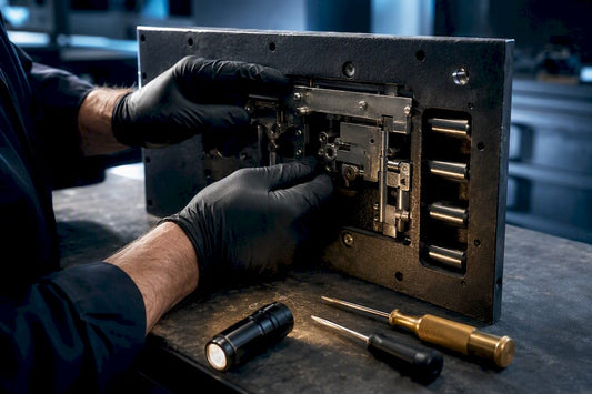 Technician inspecting exposed safe relocker mechanism