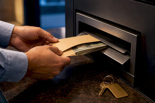 Hands using an anonymous depository safe slot