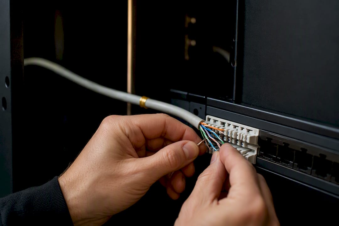 Installer terminating PoE cable in network cabinet