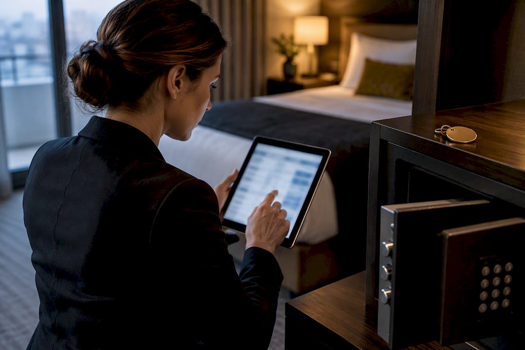Hotel manager reviewing safe access records