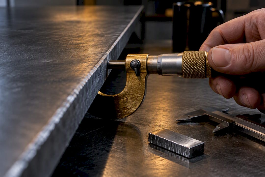 Micrometer measuring anonymous steel door edge