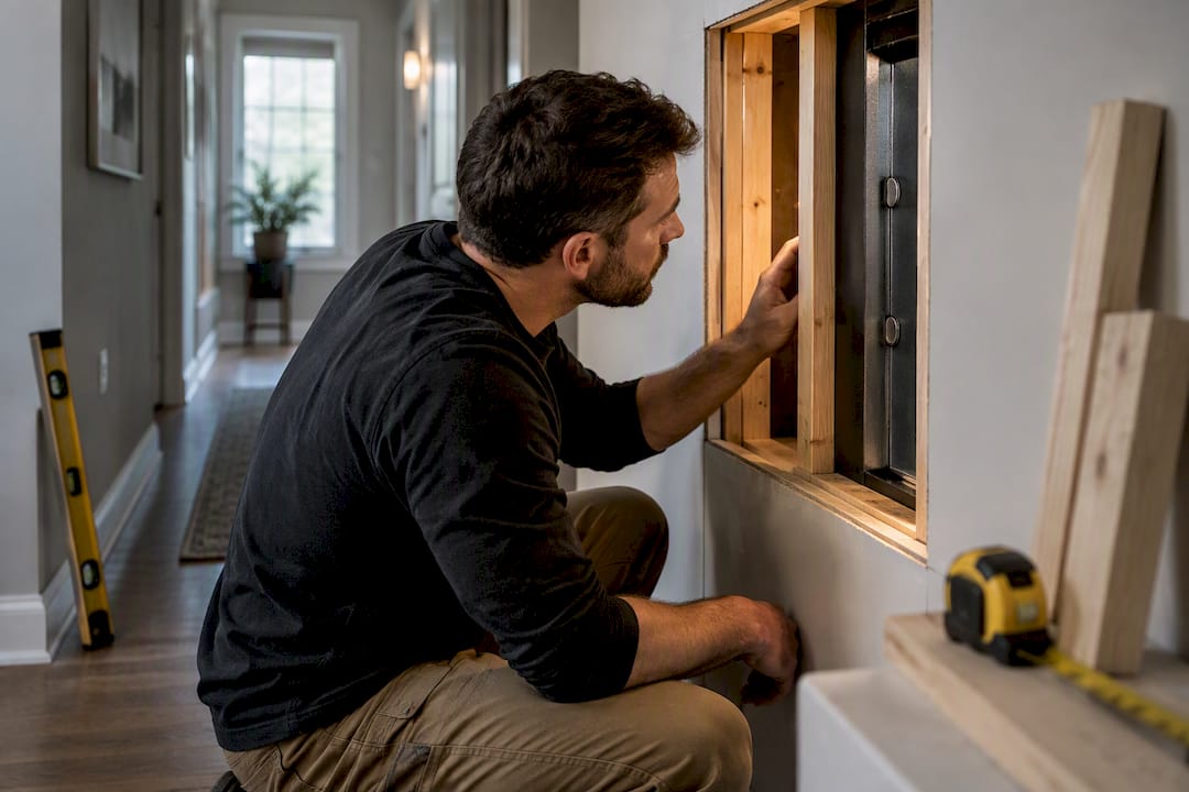 Installer measuring concealed wall safe cavity