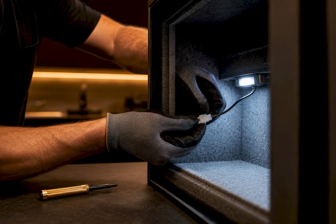 Electrician wiring light inside safe