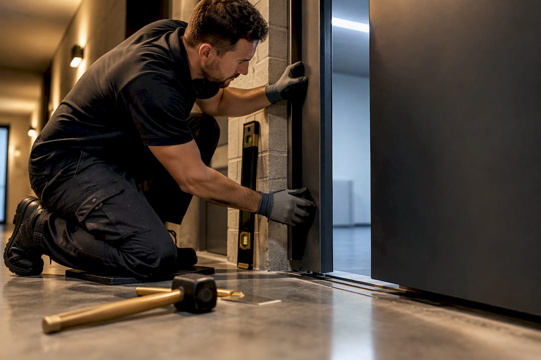Installer aligning vault door within masonry opening