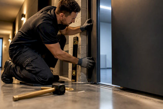 Installer aligning vault door within masonry opening