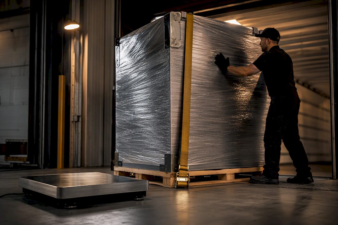 Wrapped heavy security container on freight pallet