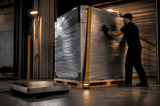 Wrapped heavy security container on freight pallet