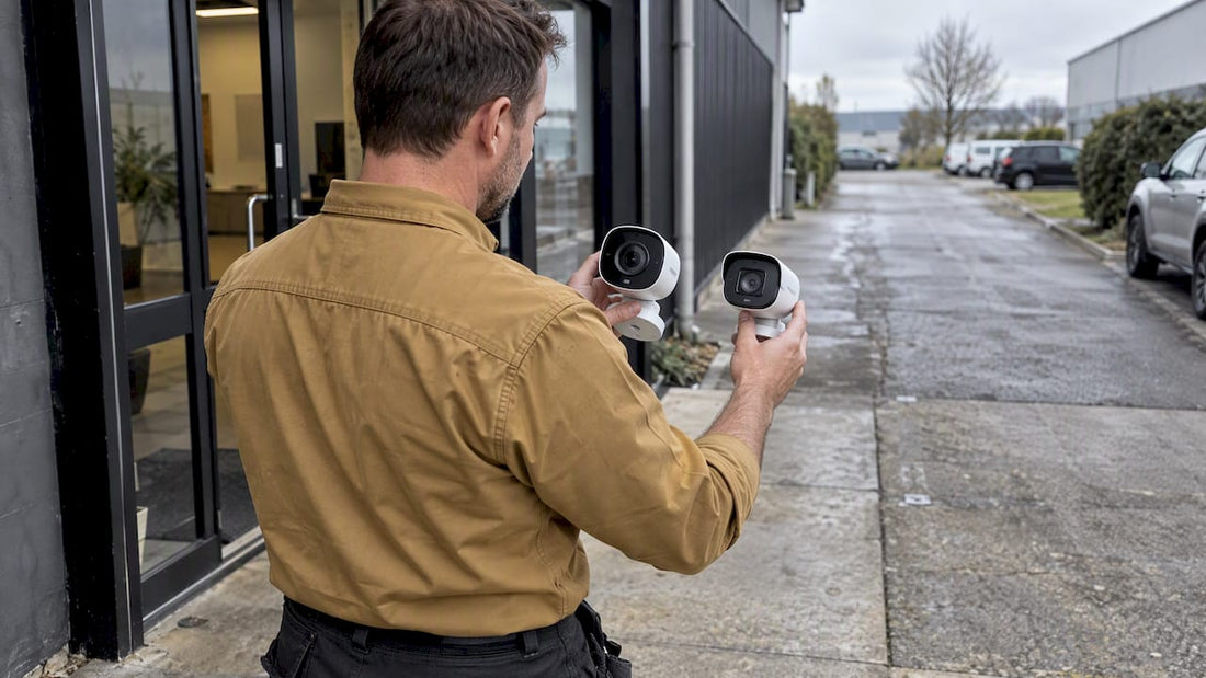 Installer comparing two security camera lenses