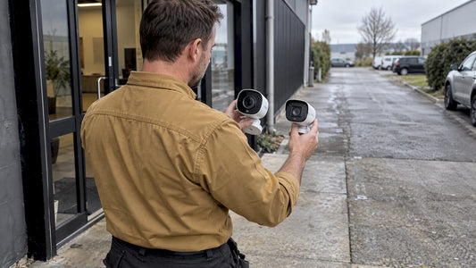 Installer comparing two security camera lenses