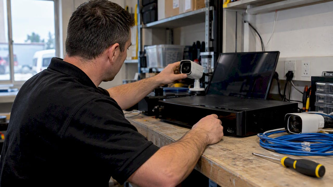 Installer configuring security camera recording equipment