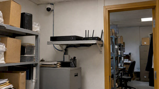 Security camera, NVR, and router in a back office