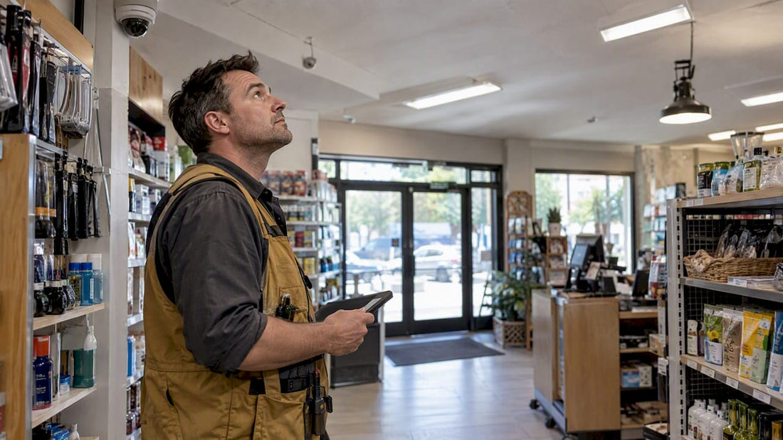 Installer surveying camera positions in a retail store