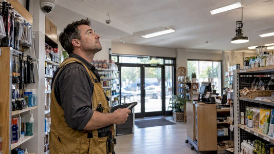 Installer surveying camera positions in a retail store