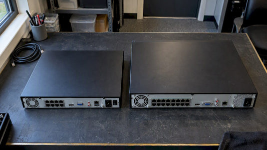 Two NVR recorders compared on a worktable