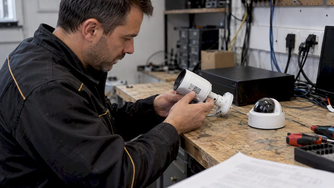 Installer checking mixed-brand cameras beside recorder