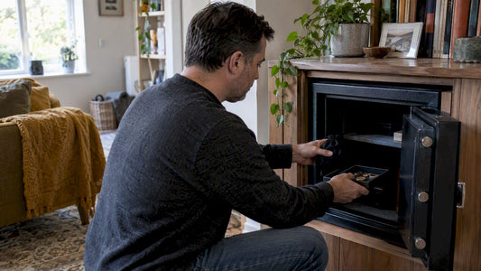 Homeowner storing valuables in an anchored safe