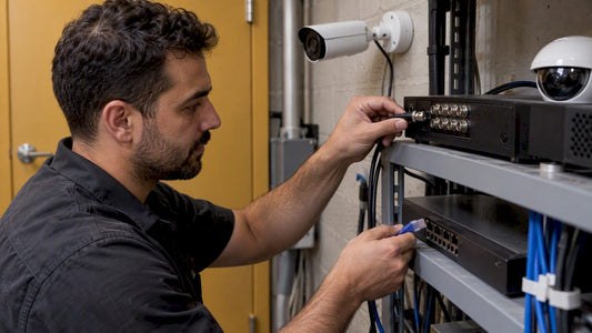Installer checking analog and IP camera connections