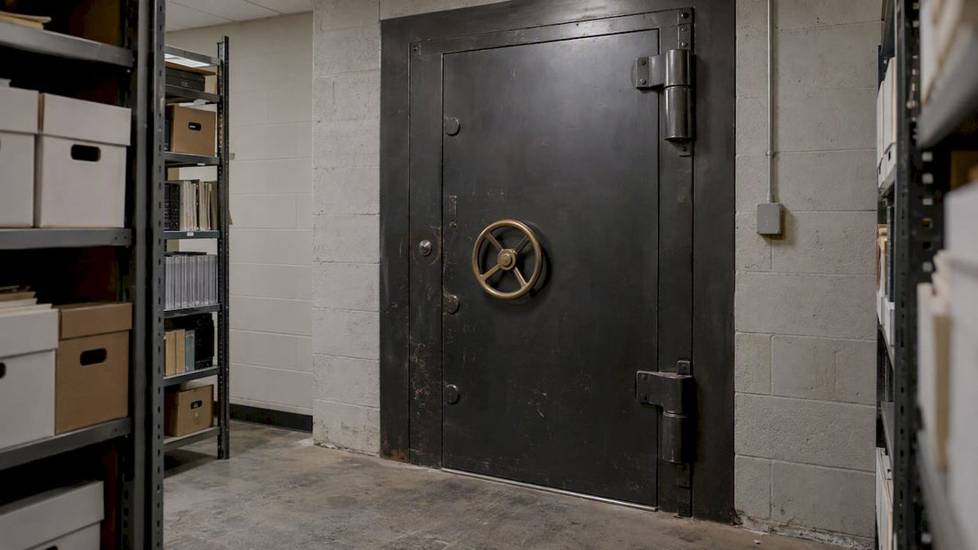 Steel vault door set into thick masonry