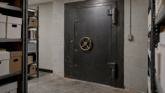 Steel vault door set into thick masonry