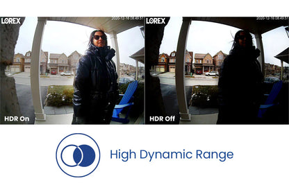 Comparison of LOREX security camera with HDR on and HDR off, showing a person in a residential area.