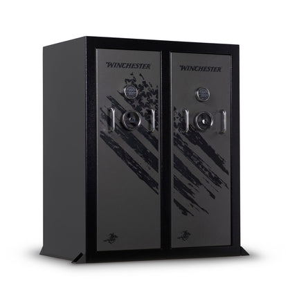 Black Winchester gun safe on a white background