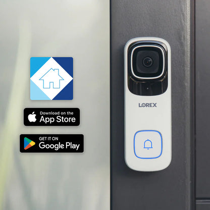 Lorex doorbell camera with app store logos on a gray background
