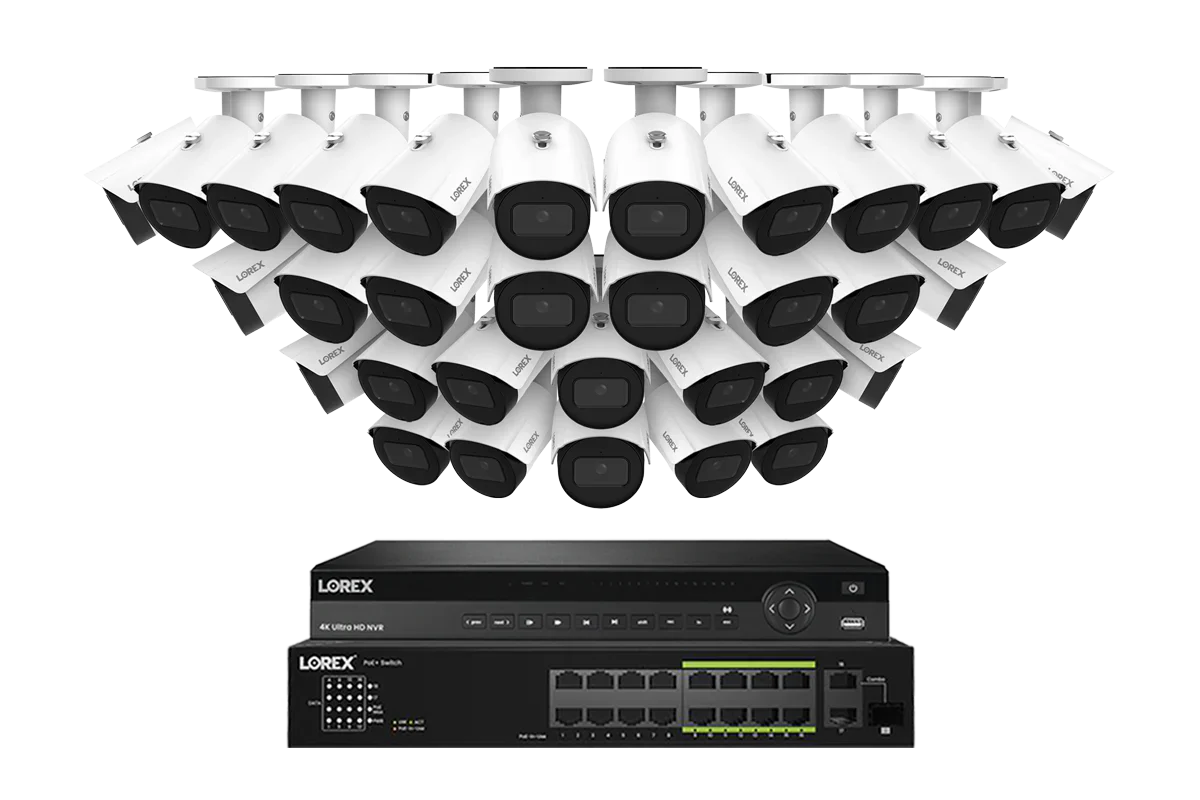 A Series Lorex Elite Series NVR with A4 4MP (2K) IP Bullet Cameras - 4K 32-Channel 8TB Wired System
