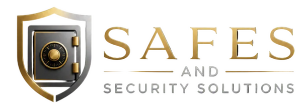 A black square graphic featuring a metallic gold and silver shield icon with a safe inside, next to the text 'SAFES AND SECURITY SOLUTIONS' in gold and silver. A small 'Made with AI' badge is in the top right corner.