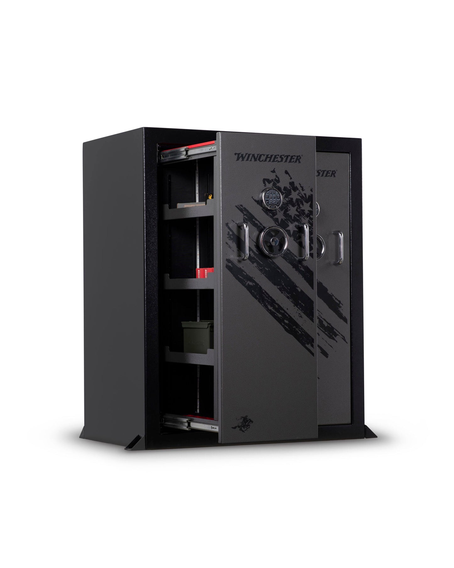 Black Winchester safe with open door on a white background