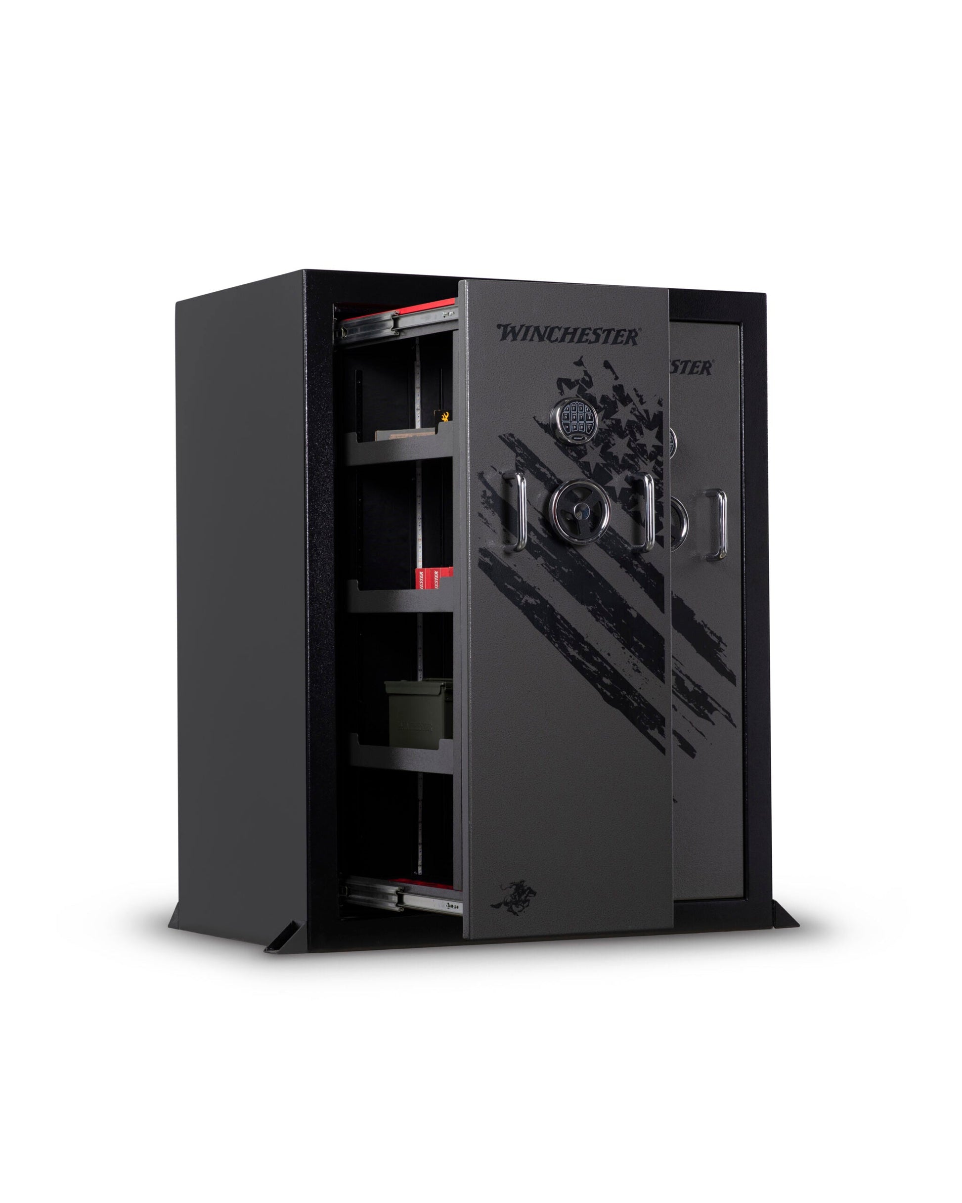 Black Winchester safe with open door on a white background