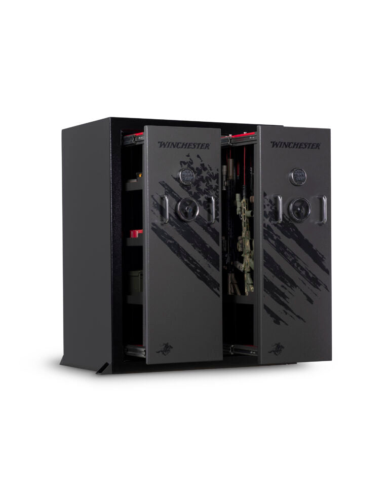 Black Winchester gun safe with open door on a white background