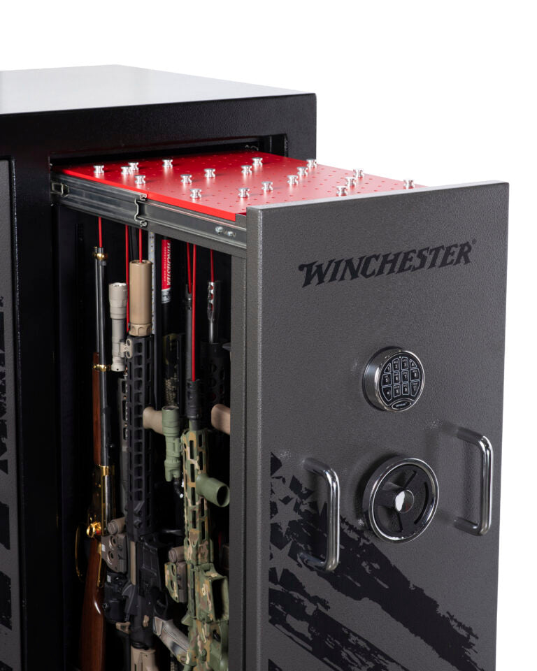 Winchester gun safe with open door revealing firearms inside